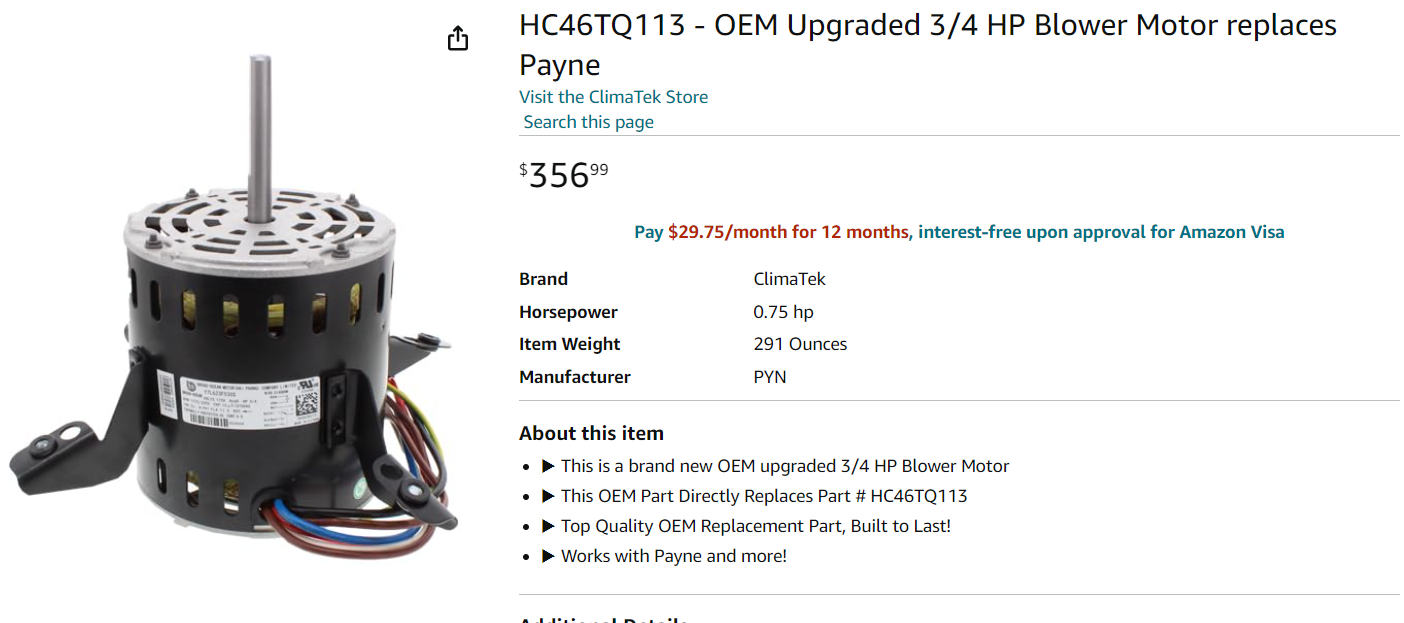 Broad Ocean HC46TQ113 - OEM Upgraded 3/4 HP Furnace Blower Motor Replaces Payne HC46TQ113 S2