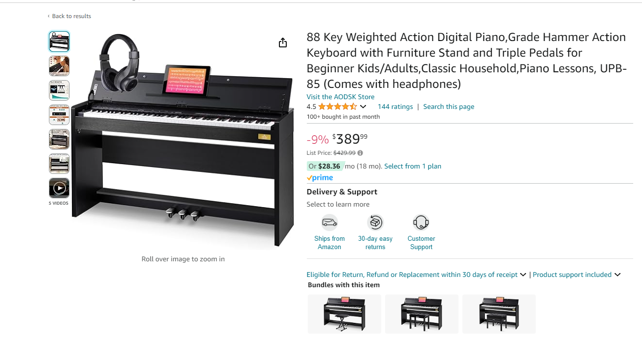 AODSK 88 Key Weighted Action Digital Piano,Grade Hammer Action Keyboard with Furniture Stand and Triple Pedals for Beginner Kids/Adults Classic Household Digital Piano UPB-85 (Comes with headphones)