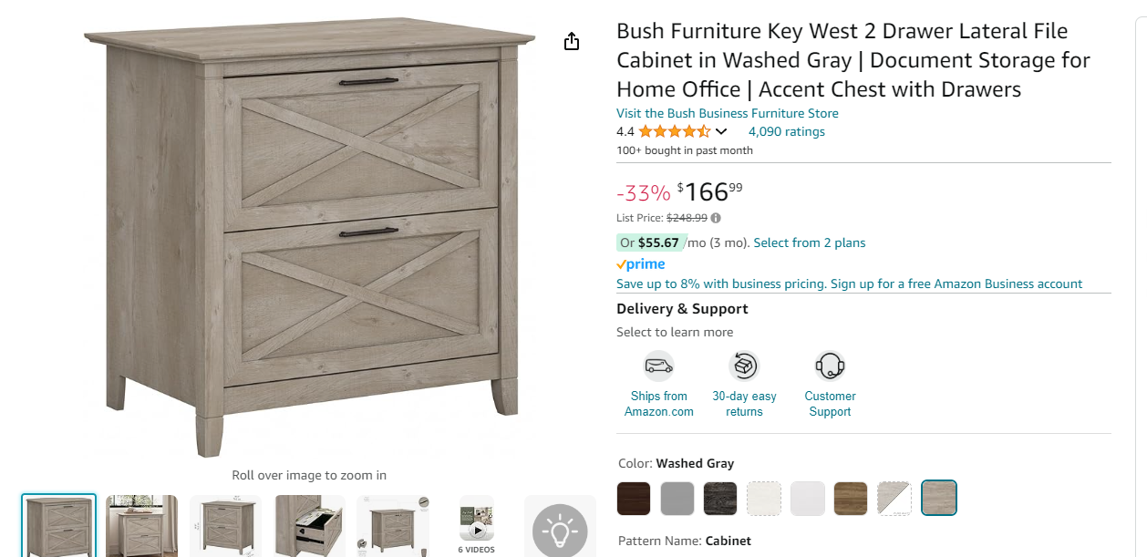 Bush Furniture Key West 2 Drawer Lateral File Cabinet in Washed Gray | Document Storage for Home Office | Accent Chest with Drawers