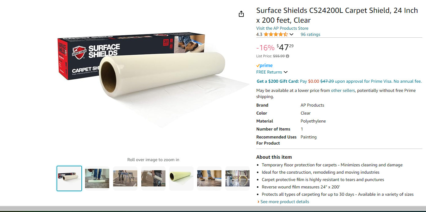 Surface Shields CS24200L Carpet Shield, 24 Inch x 200 feet, Clear