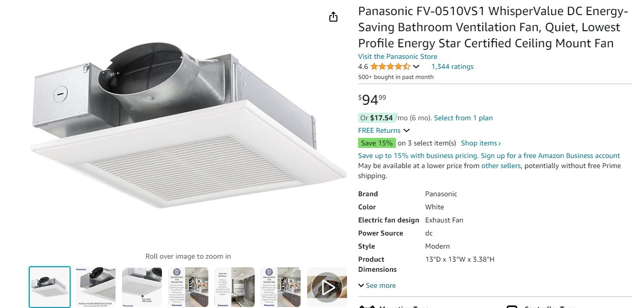 Panasonic FV-0510VS1 WhisperValue DC Energy-Saving Bathroom Ventilation Fan, Quiet, Lowest Profile Energy Star Certified Ceiling Mount Fan