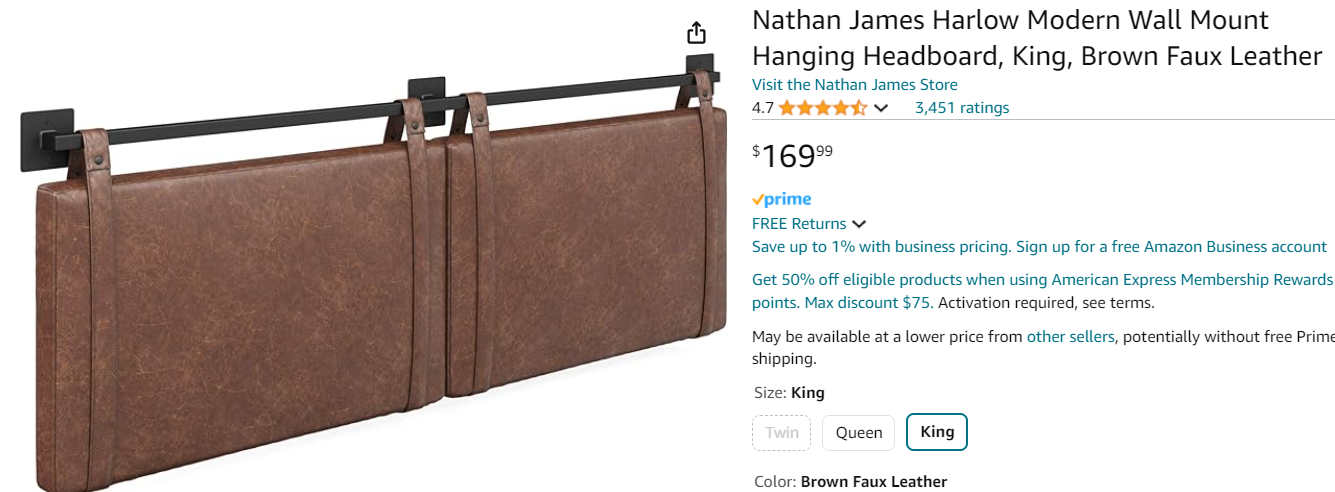 Nathan James Harlow Modern Wall Mount Hanging Headboard, King, Brown Faux Leather
