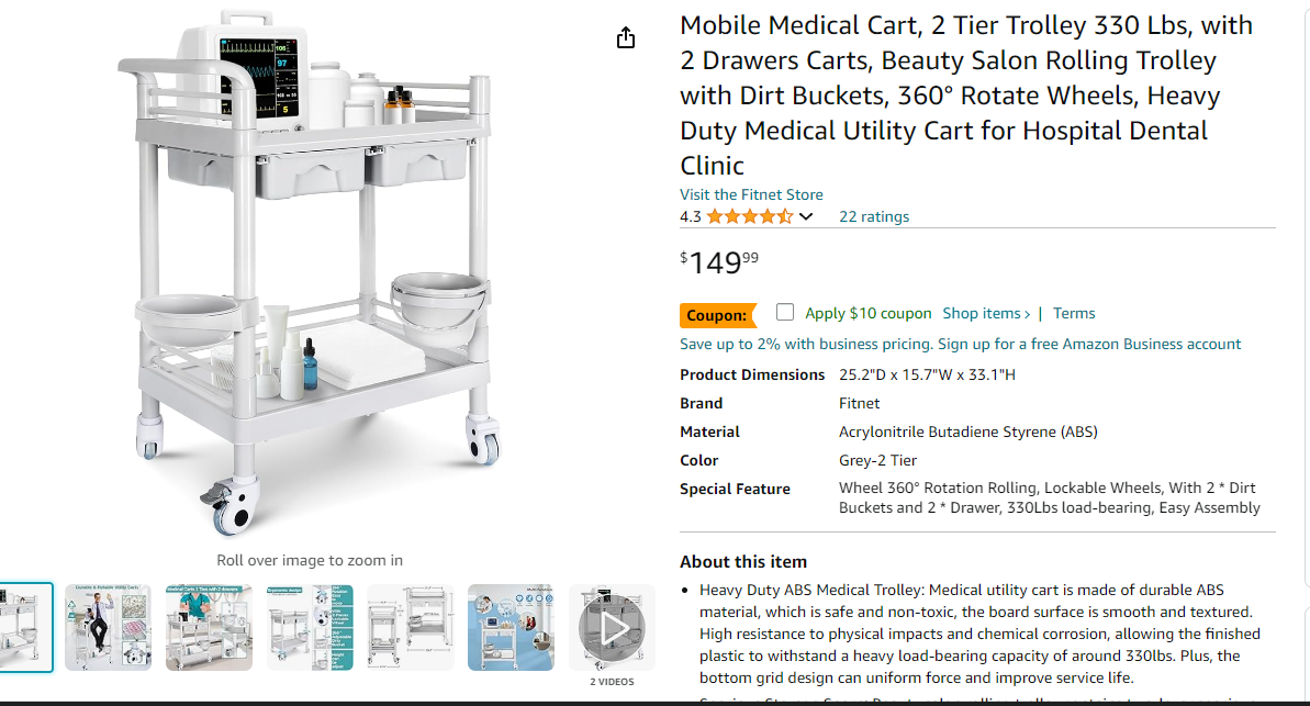Mobile Medical Cart, 2 Tier Trolley 330 Lbs, with 2 Drawers Carts, Beauty Salon Rolling Trolley with Dirt Buckets, 360° Rotate Wheels, Heavy Duty Medical Utility Cart for Hospital Dental Clinic