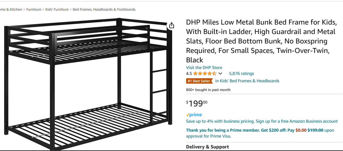 DHP Miles Low Metal Bunk Bed Frame for Kids, With Built-in Ladder, High Guardrail and Metal Slats, Floor Bed Bottom Bunk, No Boxspring Required, For Small Spaces, Twin-Over-Twin, Black