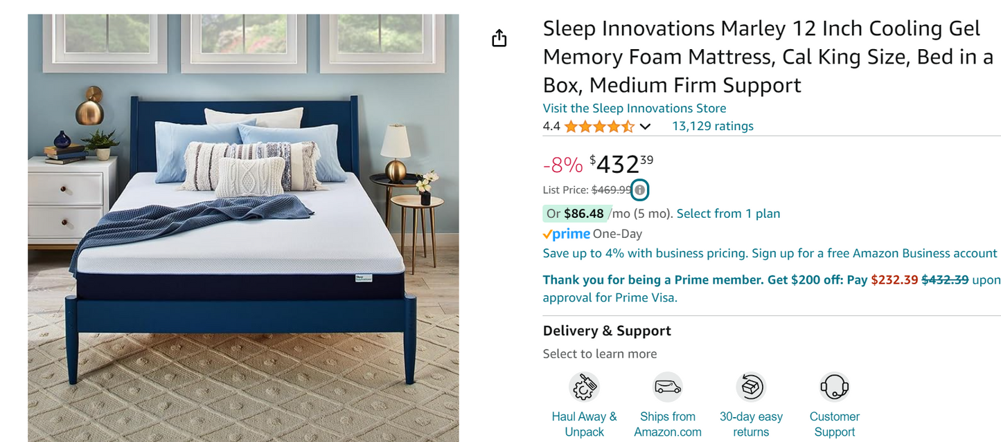 Sleep Innovations Marley 12 Inch Cooling Gel Memory Foam Mattress, King Size, Bed in a Box, Medium Firm Support