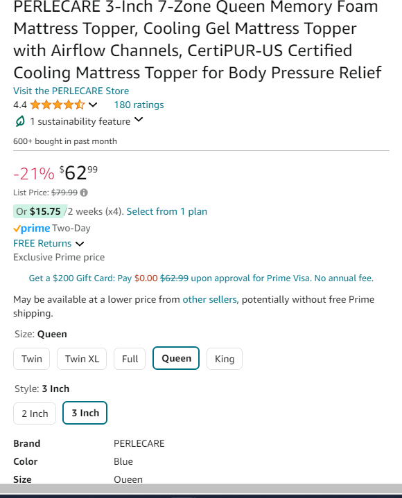 EDILLY 3 Inch Cooling Gel Memory Foam Mattress Topper Queen Size, with Removable Soft Cover, Comfort Body Support & Pressure Relief