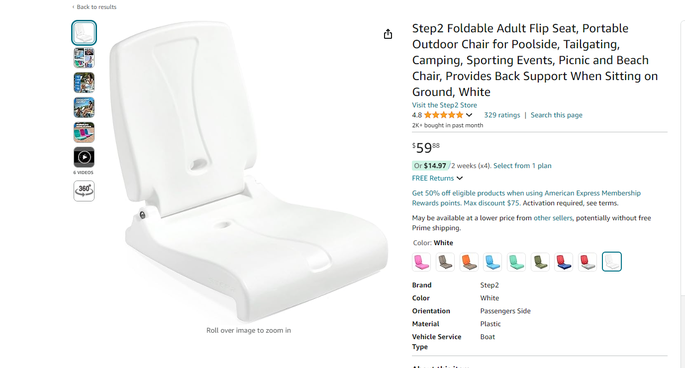 Step2 Foldable Adult Flip Seat, Portable Outdoor Chair for Poolside, Tailgating, Camping, Sporting Events, Picnic and Beach Chair, Provides Back Support When Sitting on Ground, White