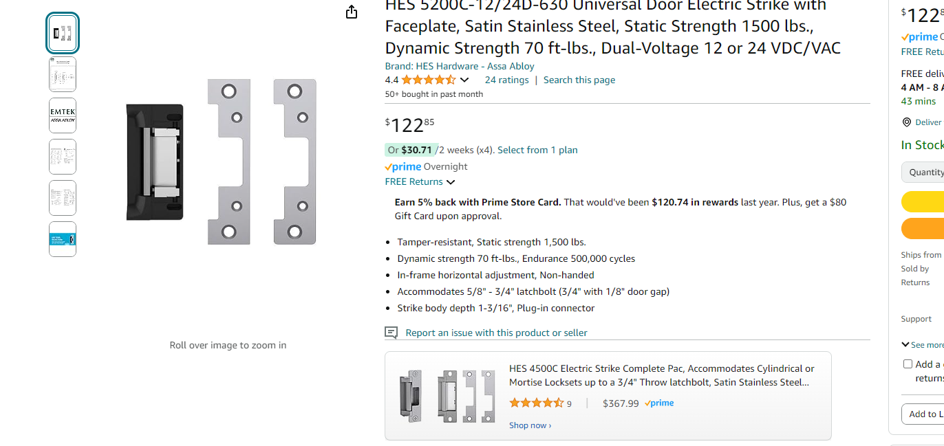 HES 5200C-12/24D-630 Universal Door Electric Strike with Faceplate, Satin Stainless Steel, Static Strength 1500 lbs., Dynamic Strength 70 ft-lbs., Dual-Voltage 12 or 24 VDC/VAC