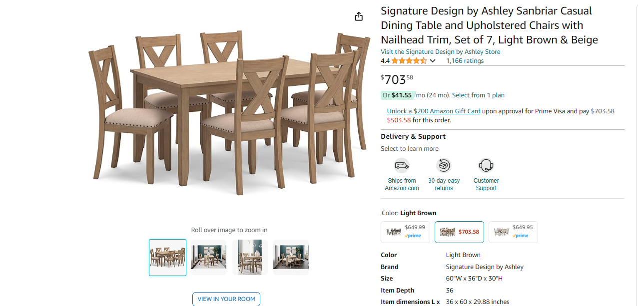 Signature Design by Ashley Sanbriar Casual Dining Table and Upholstered Chairs with Nailhead Trim, Set of 7, Light Brown & Beige