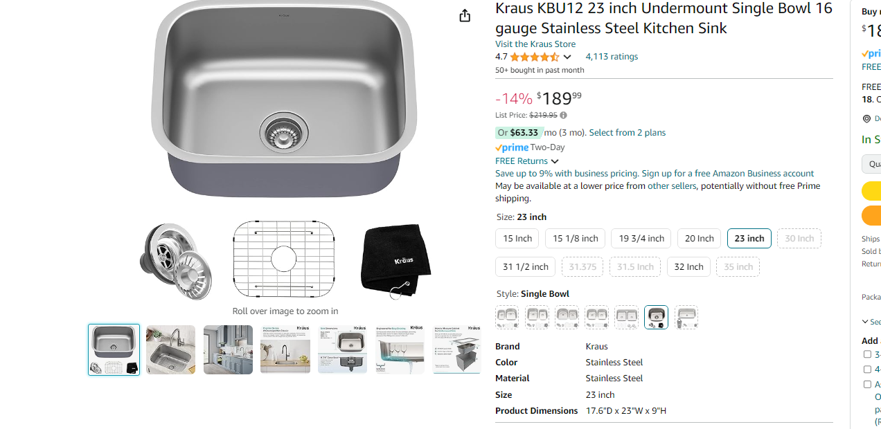 MR Direct 2718-16 Single Bowl Stainless Steel Sink