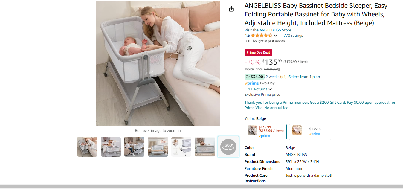 ANGELBLISS Baby Bassinet Bedside Sleeper, Easy Folding Portable Bassinet for Baby with Wheels, Adjustable Height, Included Mattress (Beige)