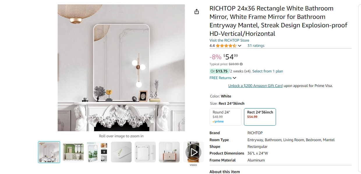 RICHTOP 24x36 Rectangle White Bathroom Mirror