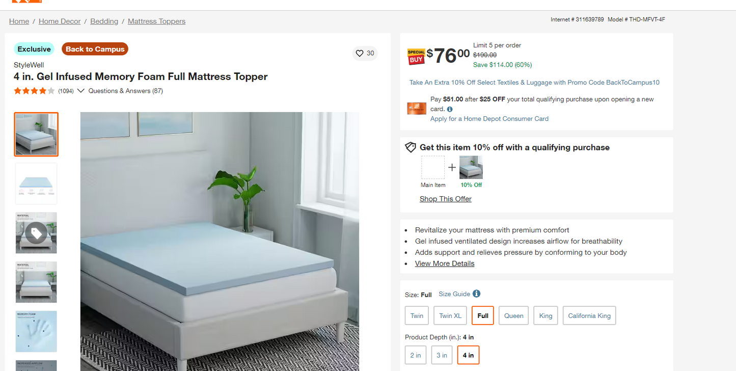 Stylewell 4 in. Gel Infused Memory Foam Full Mattress Topper