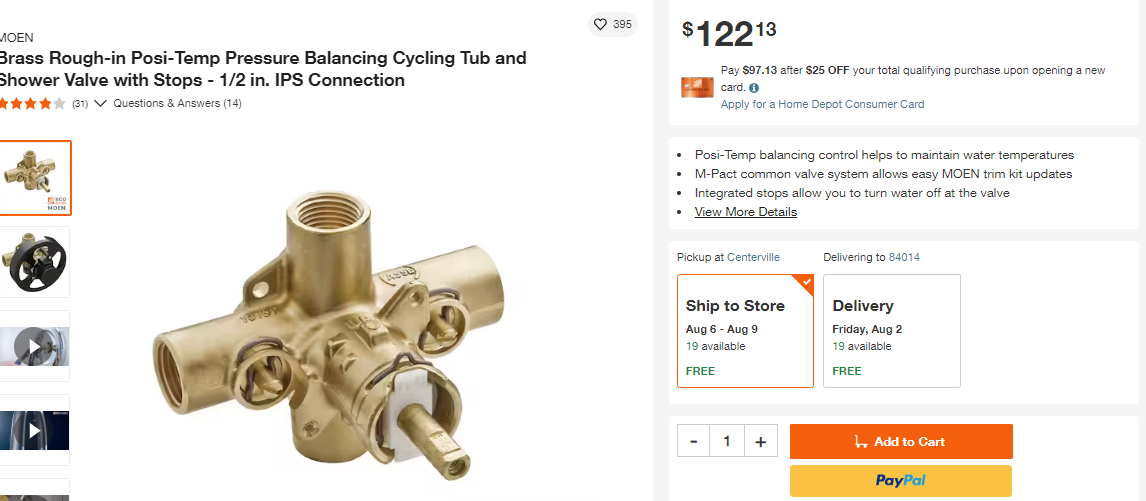MOEN Brass Rough-in Posi-Temp Pressure Balancing Cycling Tub and Shower Valve with Stops - 1/2 in. IPS Connection