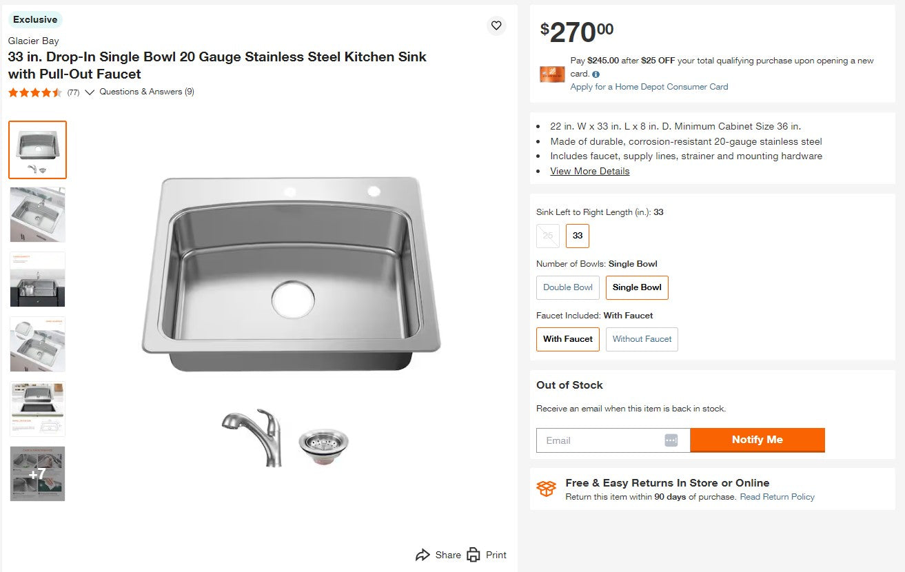 Glacier Bay 33 in. Drop-In Single Bowl 20 Gauge Stainless Steel Kitchen Sink with Pull-Out Faucet