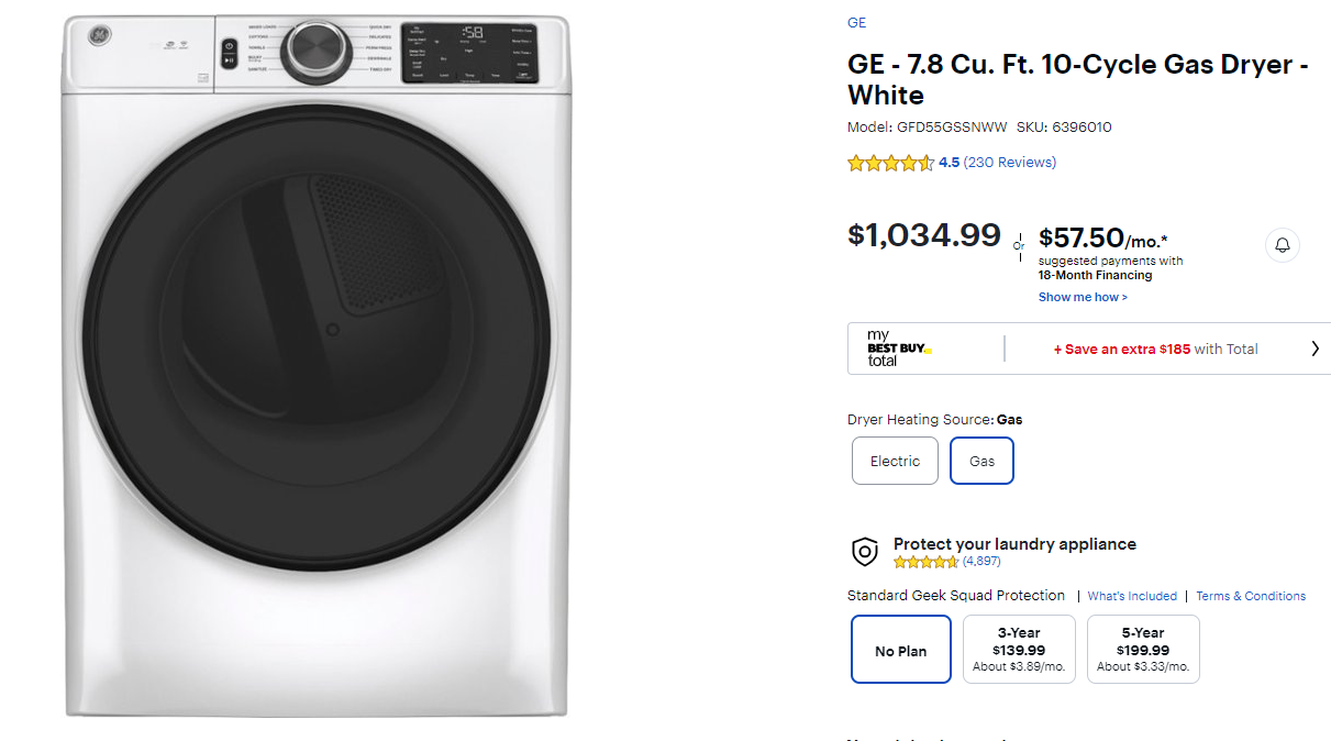 GE® ENERGY STAR® 7.8 cu. ft. Capacity Smart Front Load Gas Dryer with Sanitize Cycle GFD55GSSNWW