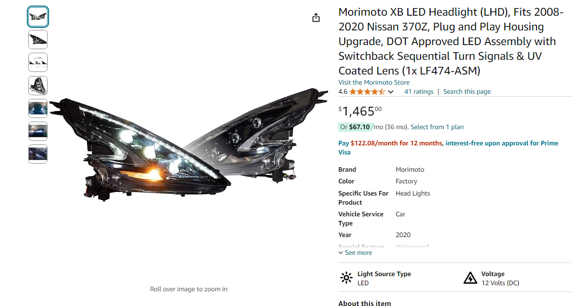 Morimoto XB LED Headlight (LHD), Fits 2008-2020 Nissan 370Z, Plug and Play Housing Upgrade, DOT Approved LED Assembly with Switchback Sequential Turn Signals & UV Coated Lens (1x LF474-ASM)