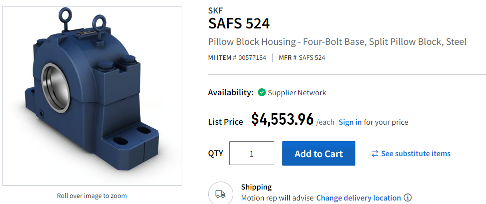 SKF SAFS 524 Pillow Block Housing - Four-Bolt Base, Split Pillow Block, Steel