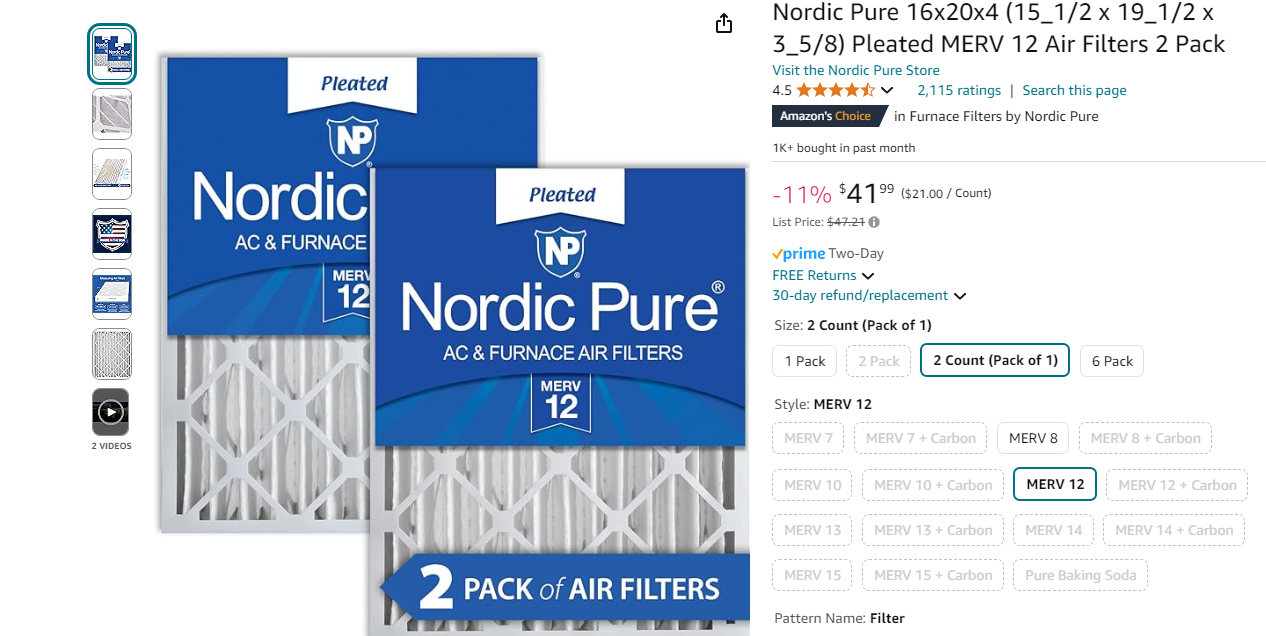 Nordic Pure 16x20x4 (15_1/2 x 19_1/2 x 3_5/8) Pleated MERV 12 Air Filters 2 Pack
