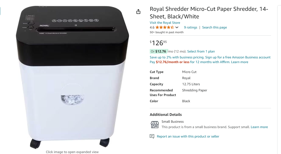 Royal Shredder Micro-Cut Paper Shredder, 14-Sheet, Black/White