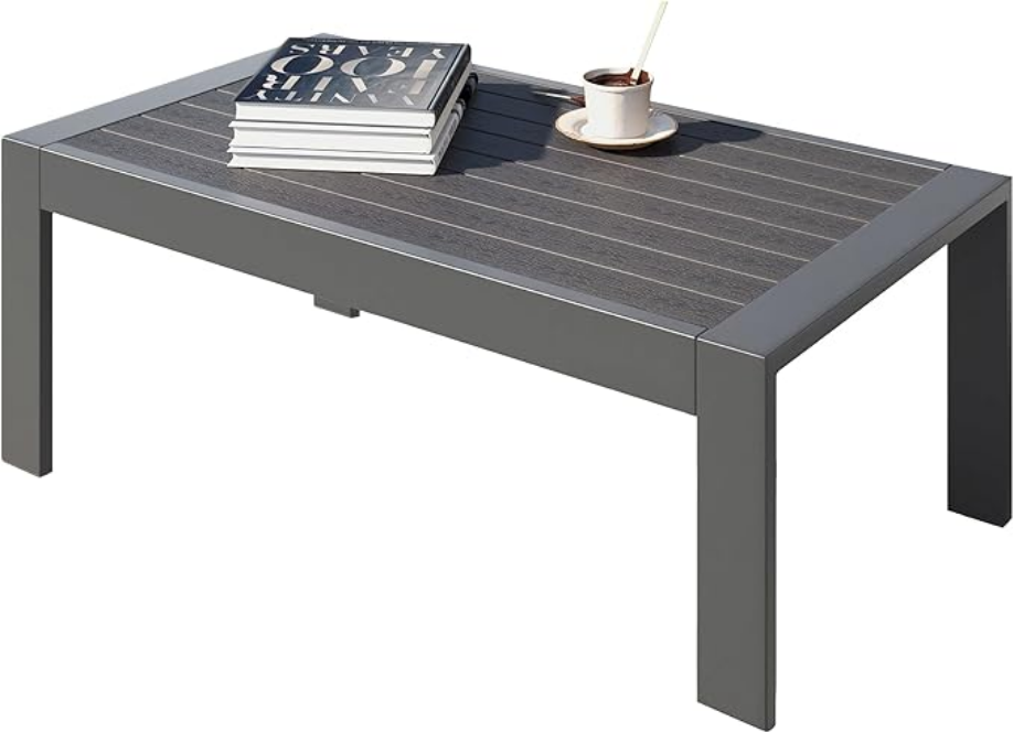 All-Weather Aluminum Outdoor Coffee Table, Modern Coffee Table for Outside, Rectangle Patio Coffee Table for Balcony Garden, Deep Grey
