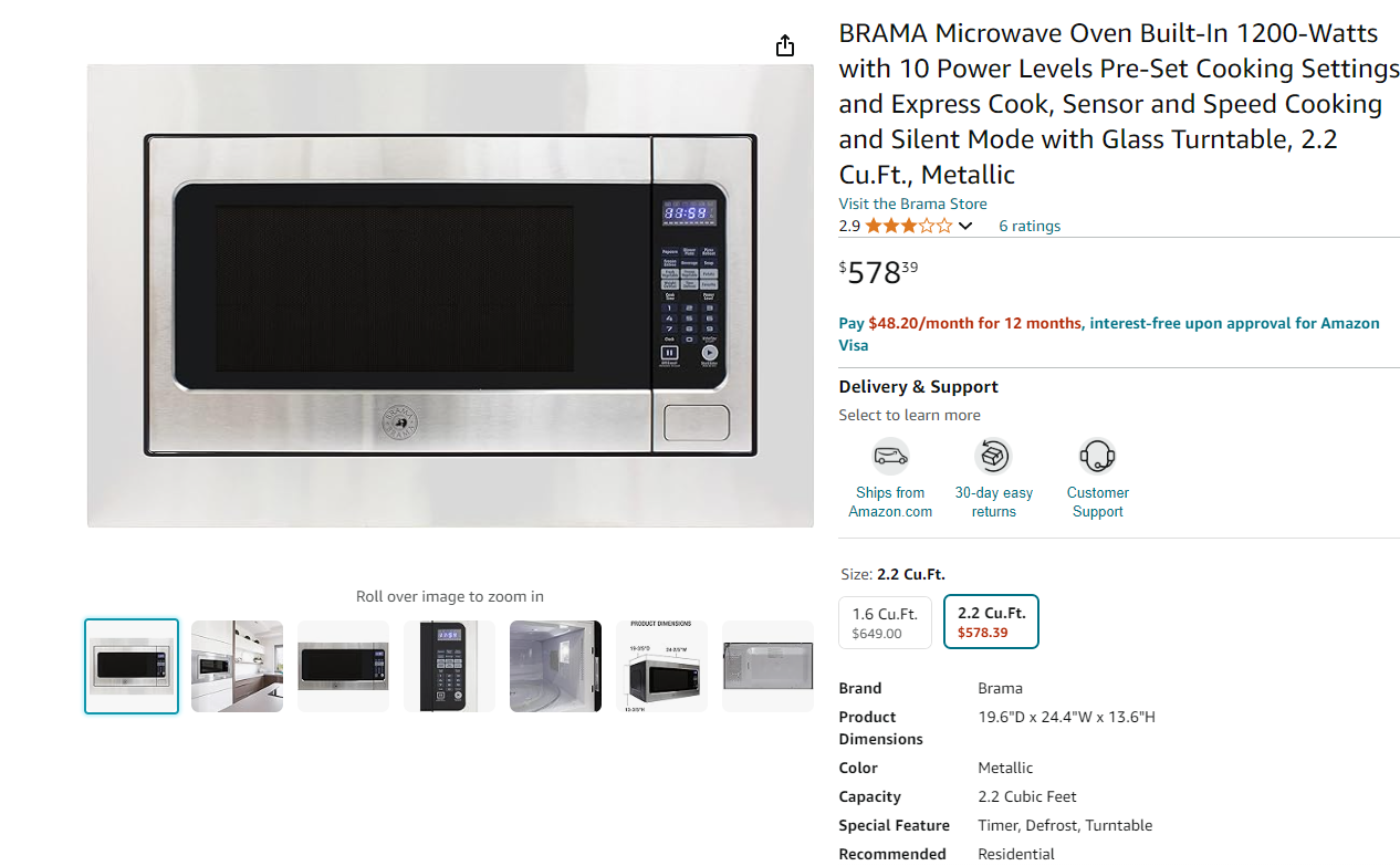 BRAMA Microwave Oven Built-In 1200-Watts with 10 Power Levels Pre-Set Cooking Settings and Express Cook, Sensor and Speed Cooking and Silent Mode with Glass Turntable, 2.2 Cu.Ft., Metallic