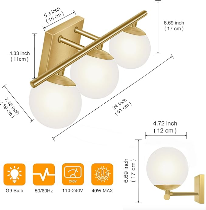 Modern Globe Shape White Glass Brushed Bronze Vanity Light Fixture