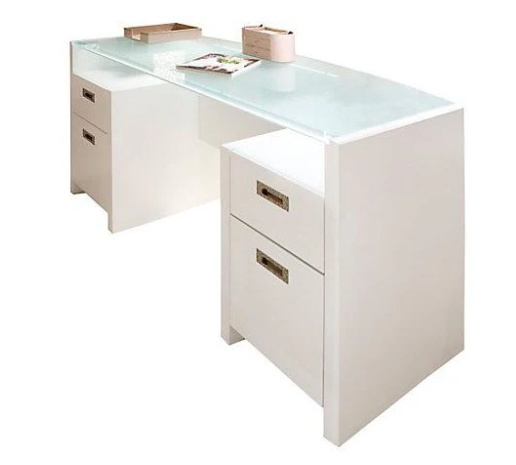 kathy ireland Office By Bush Furniture New York Skyline 63-Inch Bow-Front Double Pedestal Desk with Reversible Frost Glass Desktop, Plumeria White