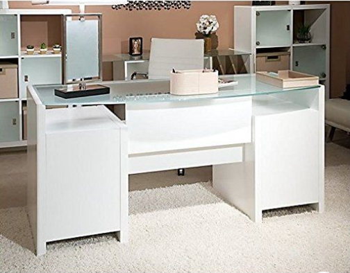 kathy ireland Office By Bush Furniture New York Skyline 63-Inch Bow-Front Double Pedestal Desk with Reversible Frost Glass Desktop, Plumeria White