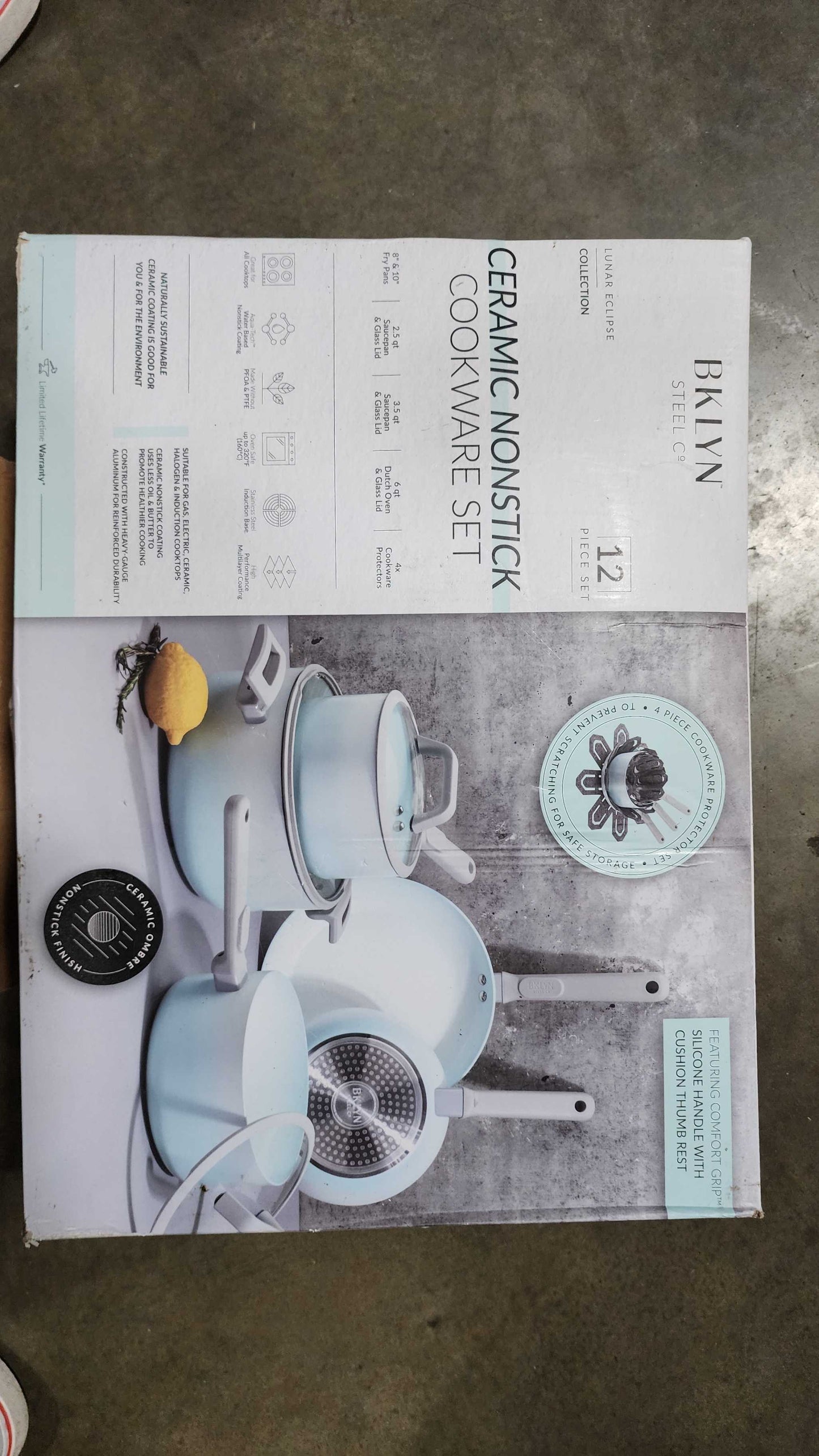 Brookyln Steel Lunar Eclipse Ceramic Cookware Set W/ Silicone Handles Light Blue and White