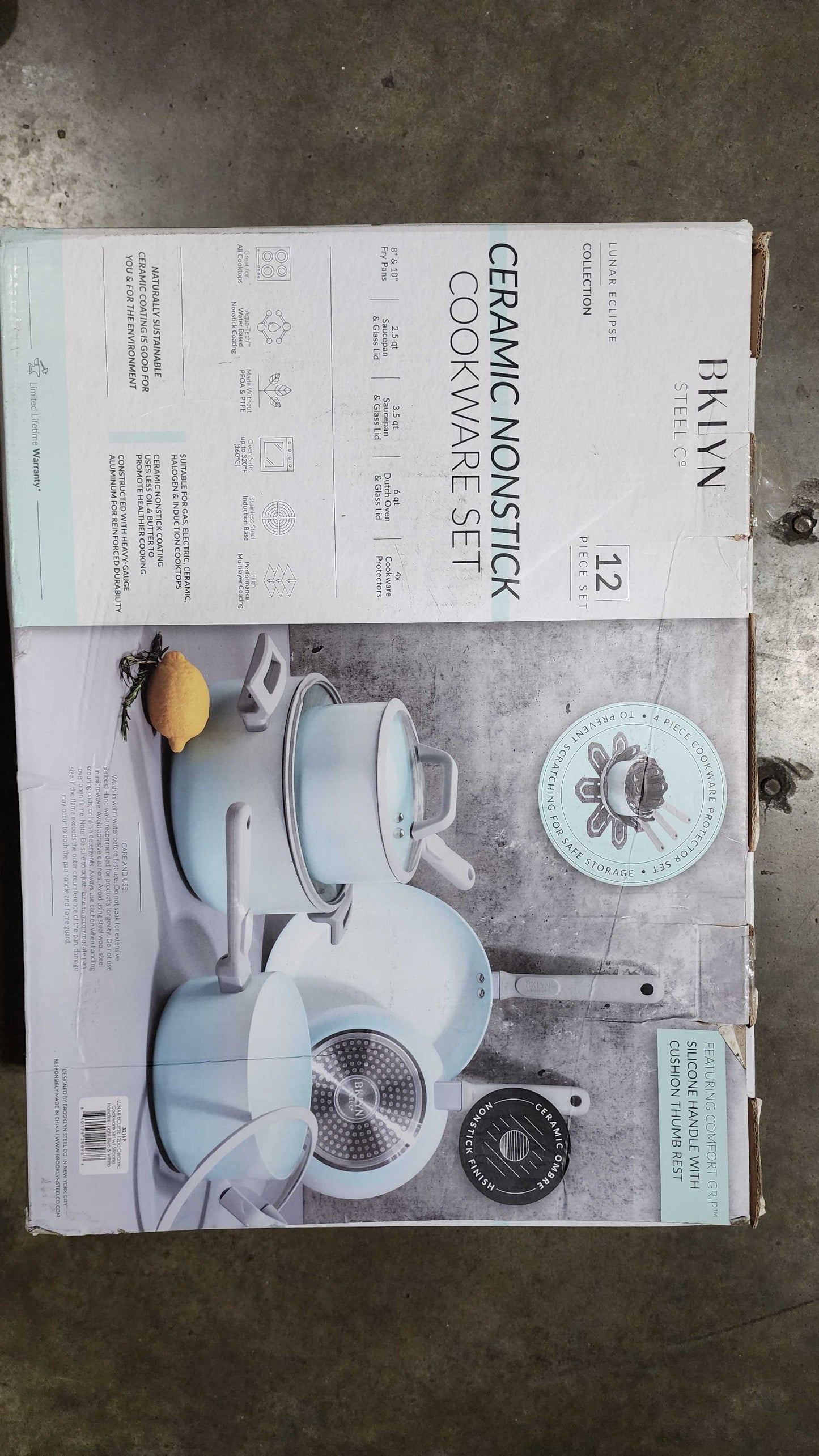 Brookyln Steel Lunar Eclipse Ceramic Cookware Set W/ Silicone Handles Light Blue and White