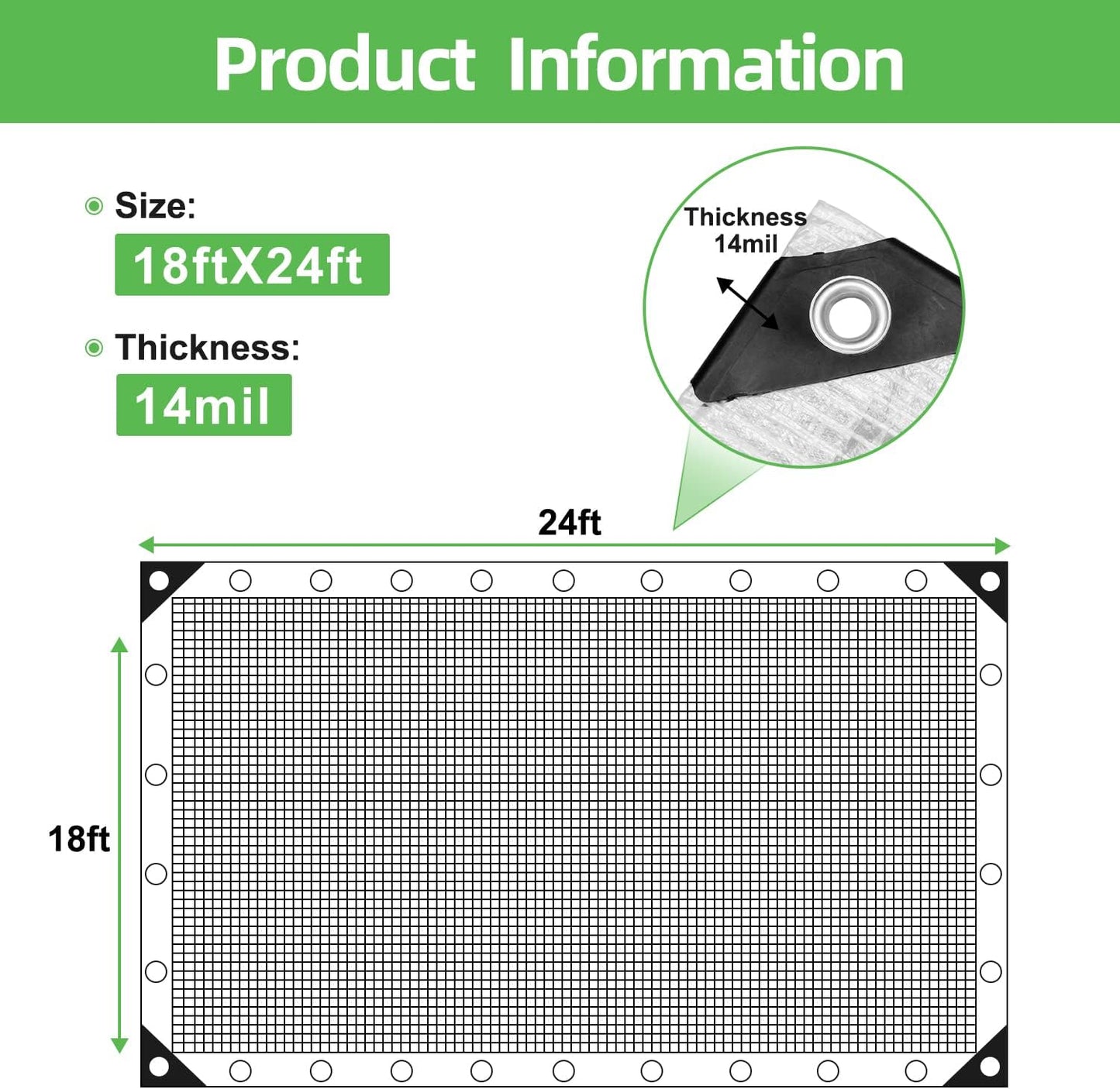 Tubtoken Clear Greenhouse Tarp 18x24FT - Heavy Duty 14 Mil Clear Waterproof Cover, UV Resistant Poly Tarp with Grommets - Superior Strength for Gardening, Farming, Nursery, Garden
