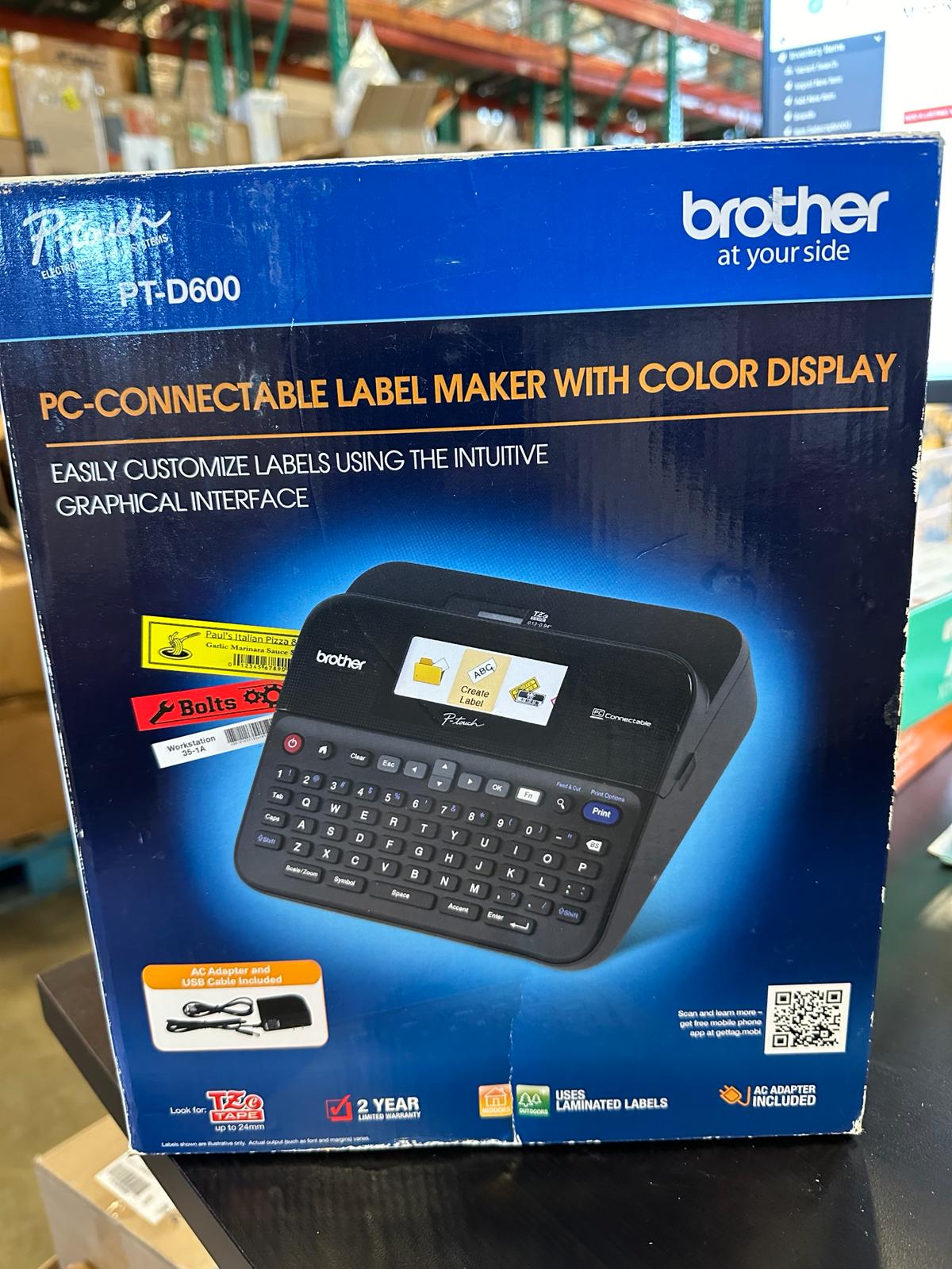 Slightly Used Brother P-Touch Label Maker, PC-Connectable Labeler, PTD600, Color Display, High-Resolution PC Printing, Black, Black/Gray