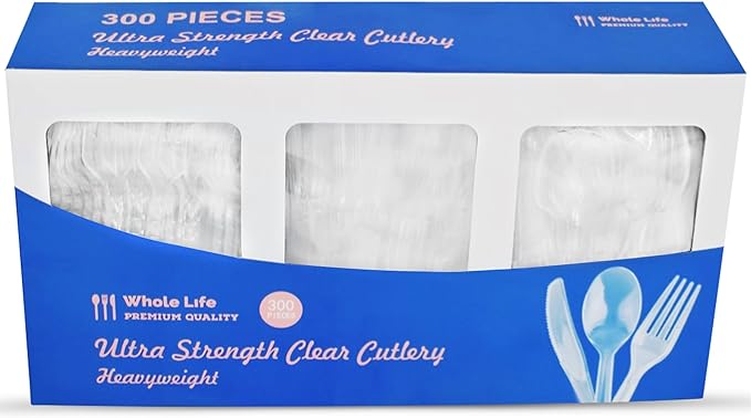 Whole Life Premium Plastic Silverware Set | Disposable Silverware Heavy Duty | Plastic Cutlery Set | Plastic Forks Spoons Knives (300 Count Box)