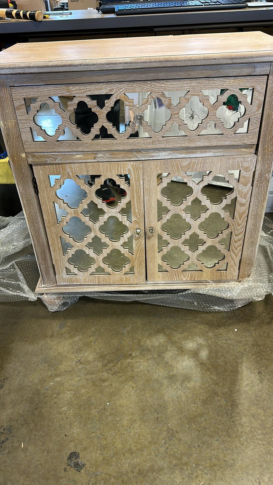 Baxton Studio Cabinets, Whitewashed Brown/Mirrored (DAMAGED AND MISSING SCREWS)