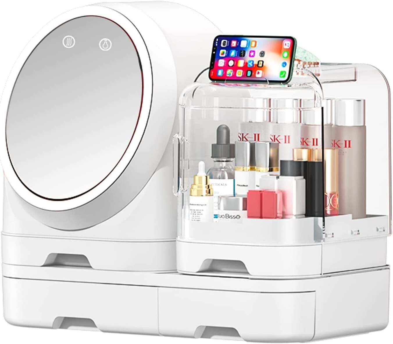 Miss Puff Makeup Organizer with LED Mirror and Fan, Large Capacity Cosmetic Storage Display Case, Waterproof and Dustproof Skincare Organizer for Bathroom and Vanity Dresser