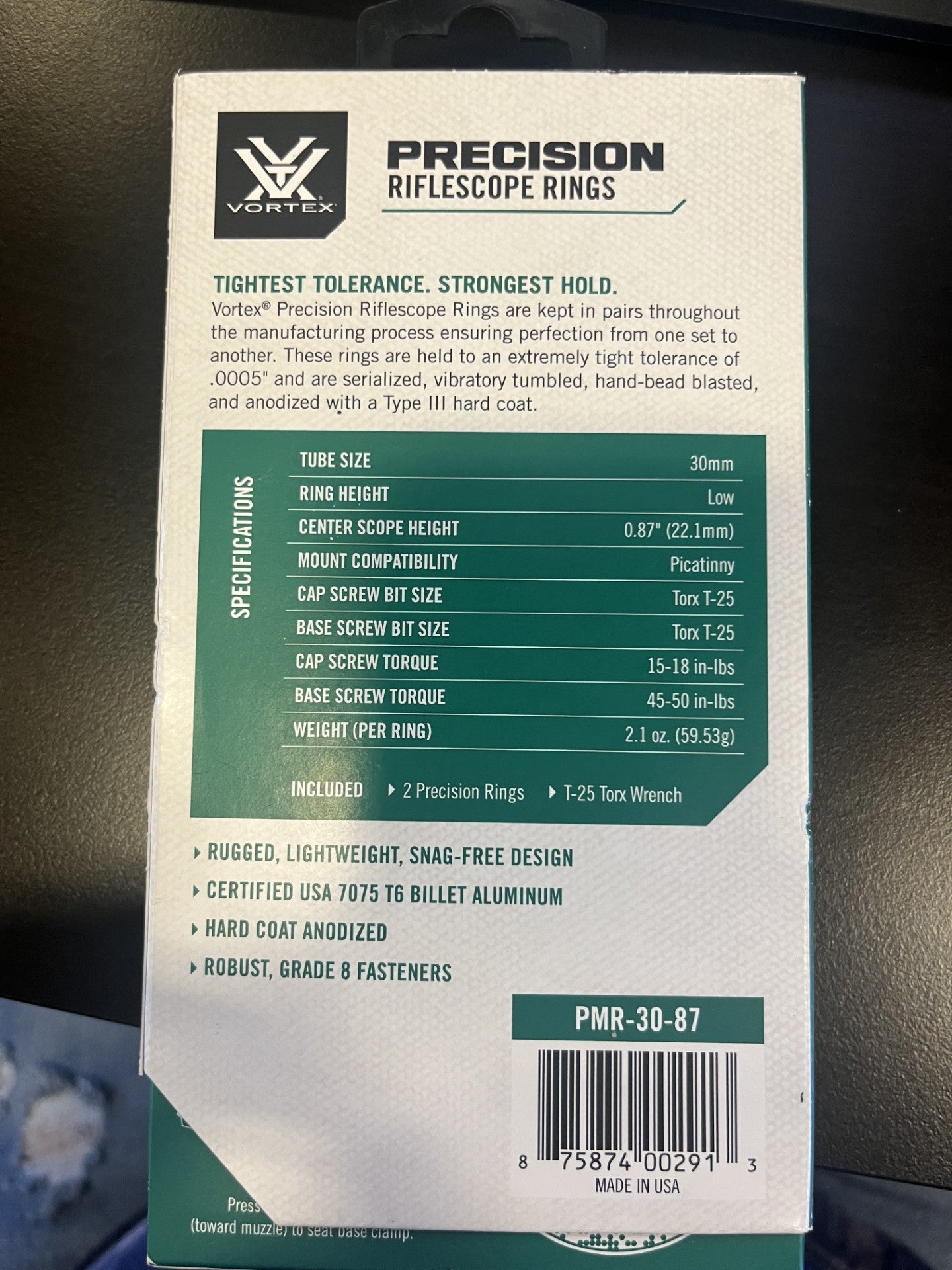Vortex Optics Precision Matched Riflescope Rings Low Height 0.87 / 22.1 mm (30mm)