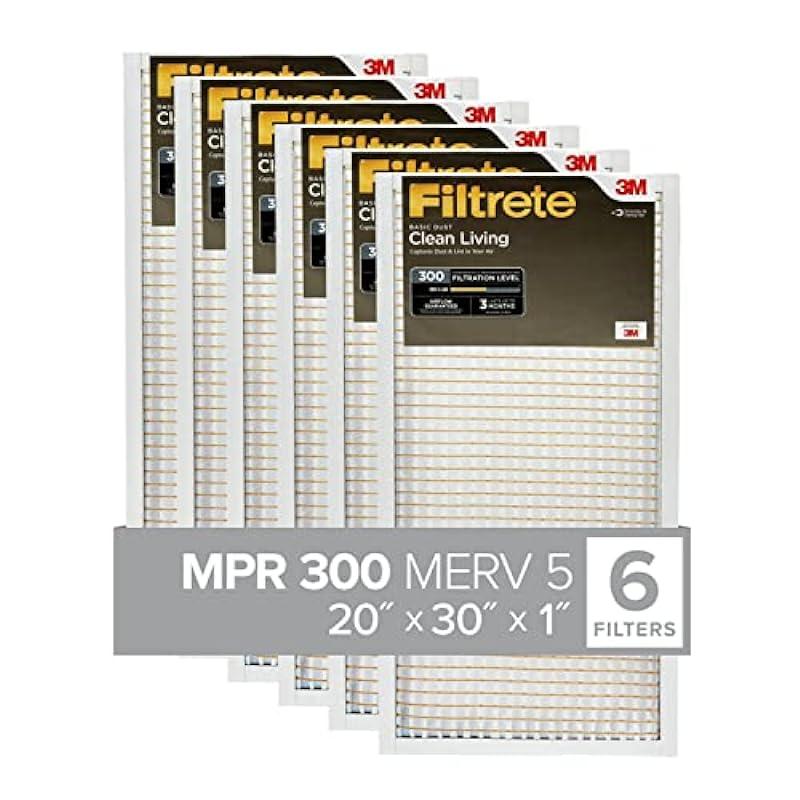 Filtrete 20x30x1 Air Filter, MPR 300, MERV 5, Clean Living Basic Dust 3-Month Pleated 1-Inch Air Filters, 6 Filters