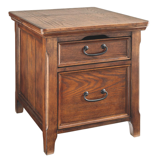 Signature Design by Ashley Woodboro Traditional Square End Table with 1 File Drawer, 2 Electrical Outlets and USB Port, Dark Brown