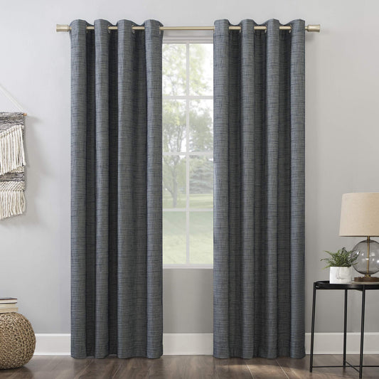 Sun Zero Brooks Burlap Weave Thermal Extreme Total Blackout Grommet Curtain Panel, 52" x 84", Navy/Denim Blue