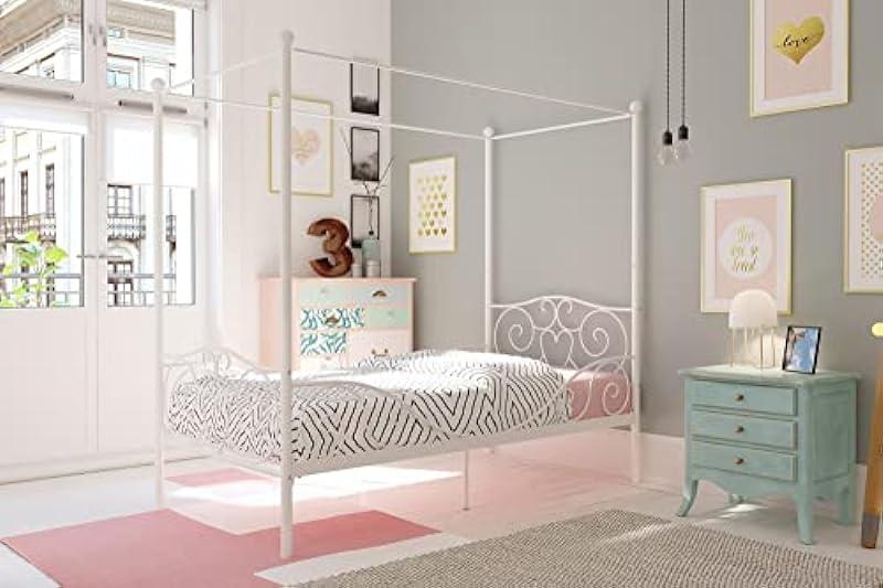 DHP Metal Canopy Kids Platform Bed with Four Poster Design, Scrollwork Headboard and Footboard, Underbed Storage Space, No Box Spring Needed, Twin, White