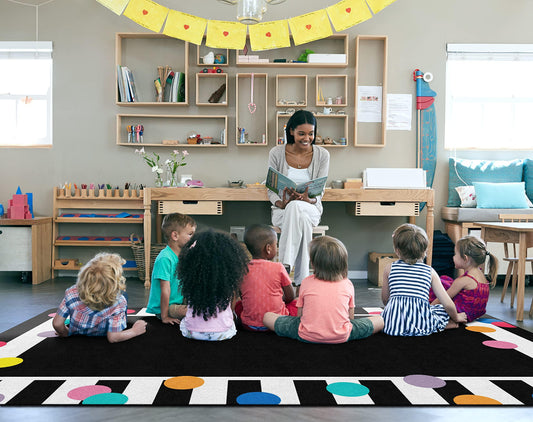 Flagship Carpets Schoolgirl Style Just Teach Bright Polka Dot Border Classroom Area Rug for Indoor Classroom Learning or Kid Bedroom Educational Play Mat, 5'x7'6", Multi