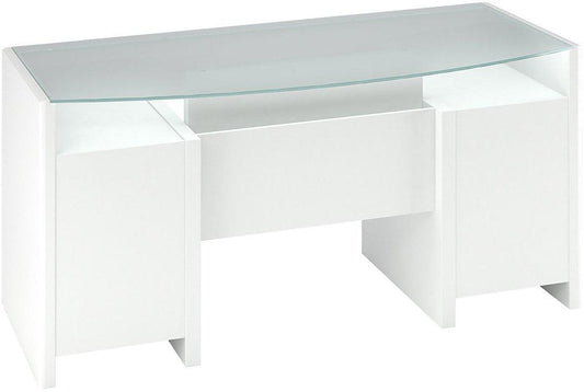 kathy ireland Office By Bush Furniture New York Skyline 63-Inch Bow-Front Double Pedestal Desk with Reversible Frost Glass Desktop, Plumeria White