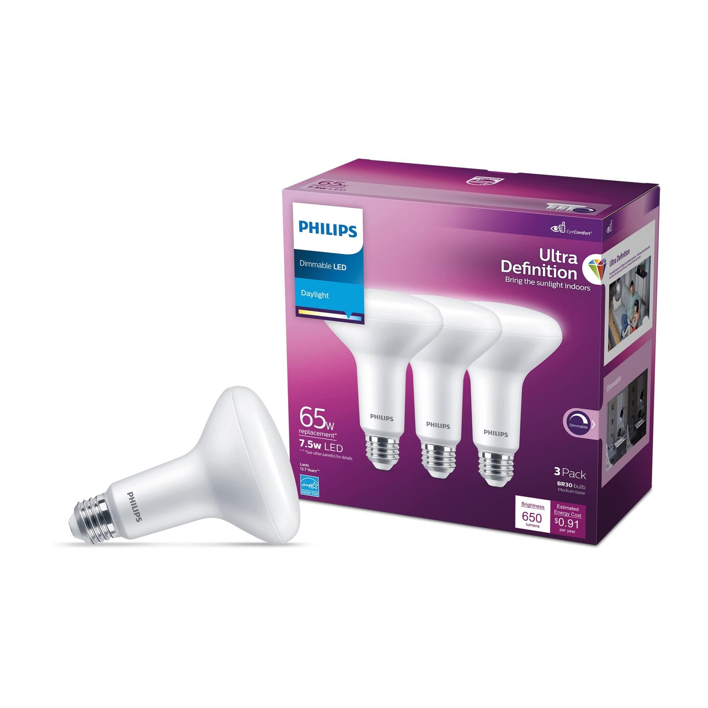 Philips LED Flicker-Free Frosted Dimmable BR30 Light Bulb - EyeComfort Technology - 650 Lumen - Daylight (5000K) - 7.5W=65W - E26 Base - Title 20 Certified - Ultra Definition - Indoor - 3-Pack