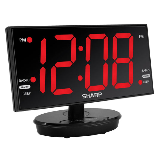 SHARP Digital Alarm Clock, 8.9" Extra Large LED Clock with Tilt and Swivel Display, AccuSet Automatically Sets The Time, Dual USB Charger Ports, FM Radio, 3 Level Adjustable Dimmer Brightness