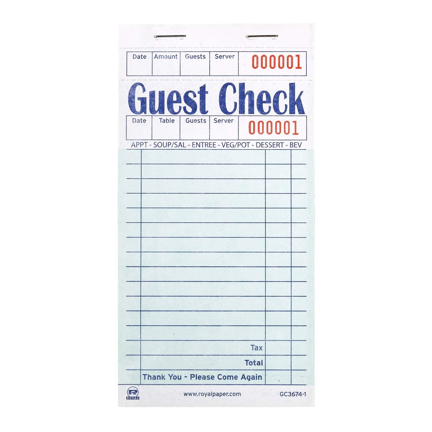 Royal Green Guest Check Board, 1 Part Booked with 16 Lines, Package of 10 Books-GC3674-1