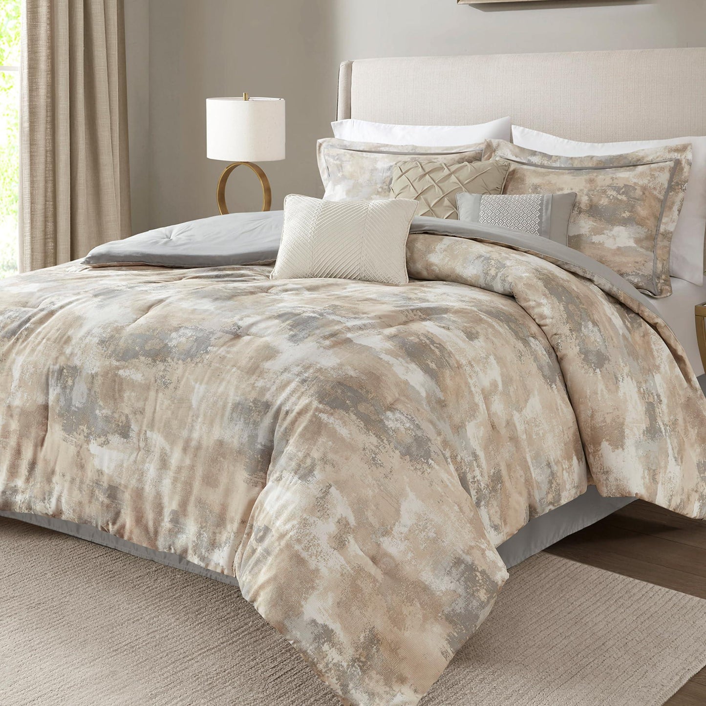 Madison Park Queen Comforter Set, Abstract Print with Luxurious Texture, Fluffy Queen Bedding Sets, All Season Down Alternative Cotton Blend Queen Bed Set with Bedskirt & Décor Pillows, Gray 7 Piece