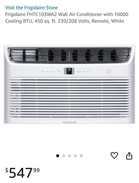 Frigidaire FHTC103WA2 Wall Air Conditioner with 10000 Cooling BTU, 450 sq. ft. 230/208 Volts, Remote, White (has dents)