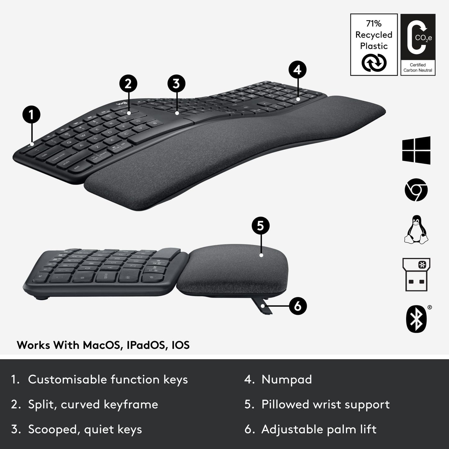 Logitech ERGO K860 Wireless Ergonomic Qwerty Keyboard - Split Keyboard, Wrist Rest, Natural Typing, Stain-Resistant Fabric, Bluetooth and USB Connectivity, Compatible with Windows/Mac,Black