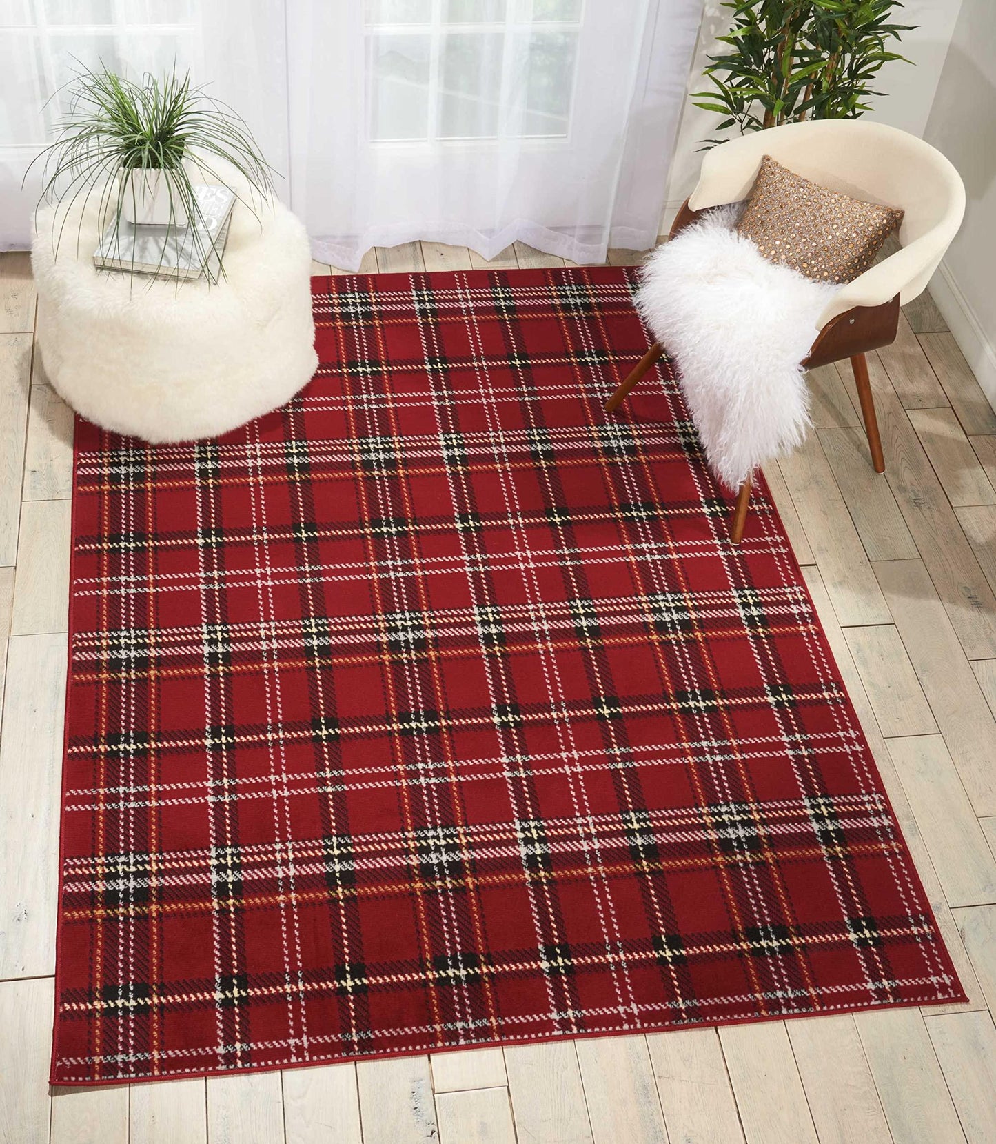 Nourison Grafix Red 5'3'' x 7'3'' Area-Rug, Modern, Plaid, Bed Room, Living Room, Dining Room, Kitchen, Easy-Cleaning, Non Shedding, (5' x 7')